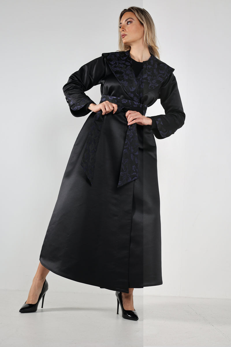 BLACK JAQUARD SATIN OPEN ABAYA