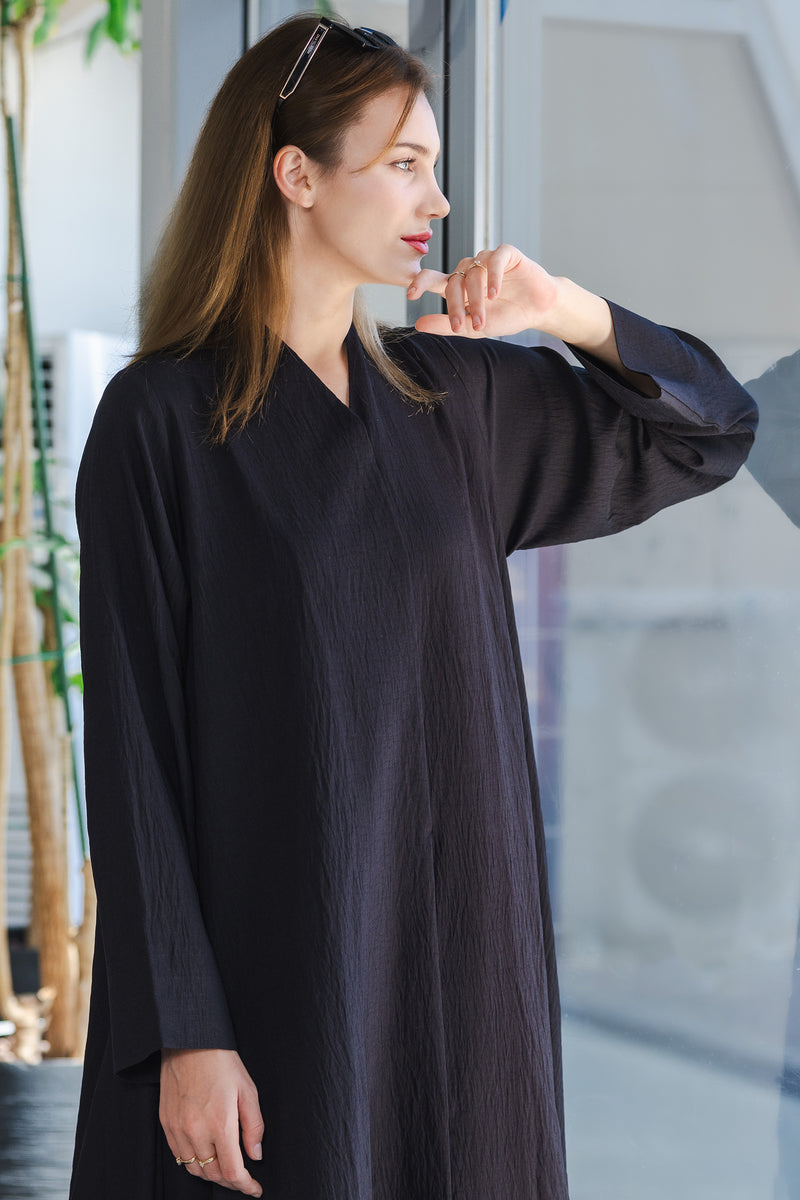 BLACK  TRENDY LINEN CLOSE ABAYA