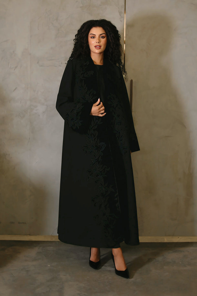BLACK EMBROIDERY ROSE OPEN ABAYA.