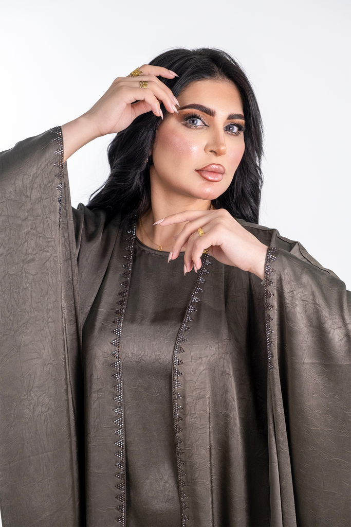 OLIVE GREEN  CREPE CRYSTALIZED OPEN BESHT ABAYA