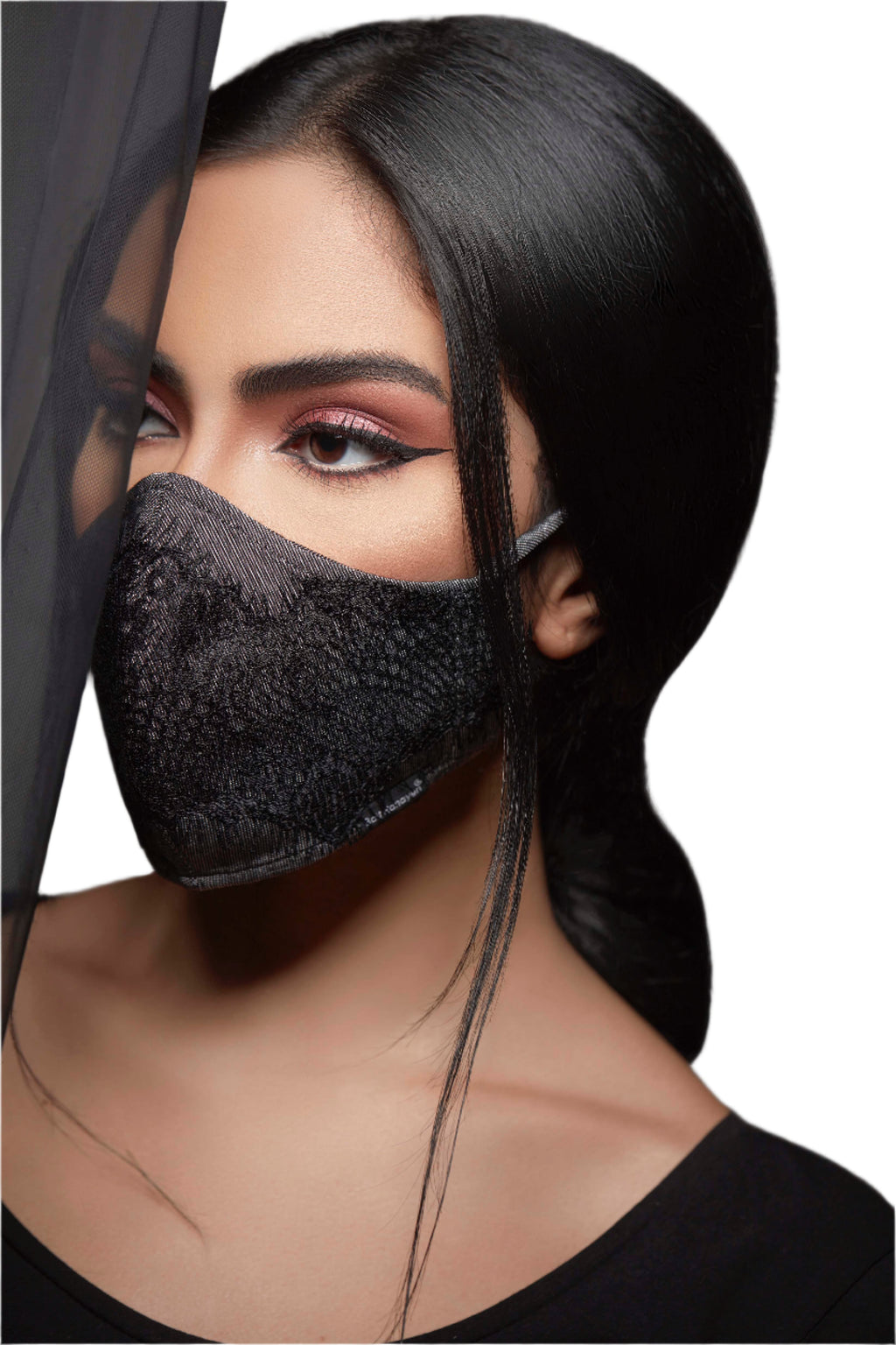 BLACK LACE COTTON ANTI-DUST FACE MASK.