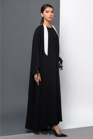 BLACK COLLAR MESH POCKET OPEN ABAYA.