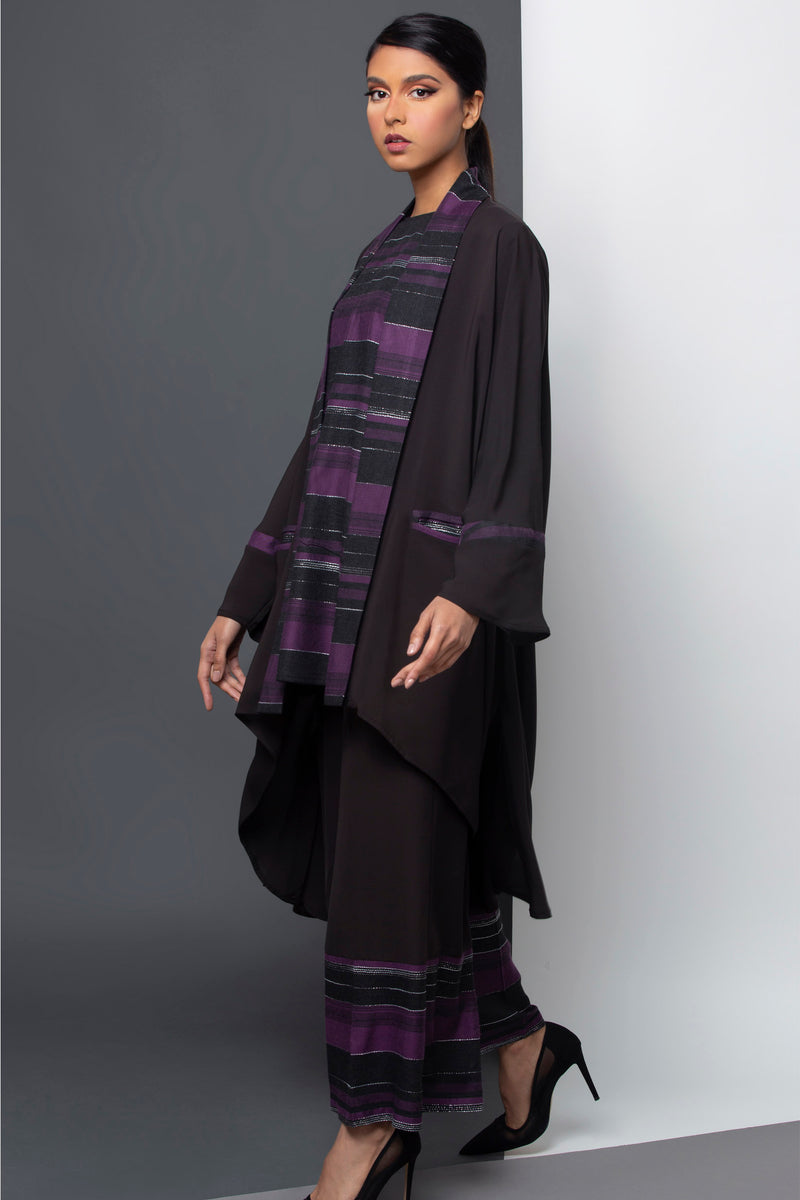 LAVENDAR STRIPED LINEN TROUSER OPEN ABAYA.