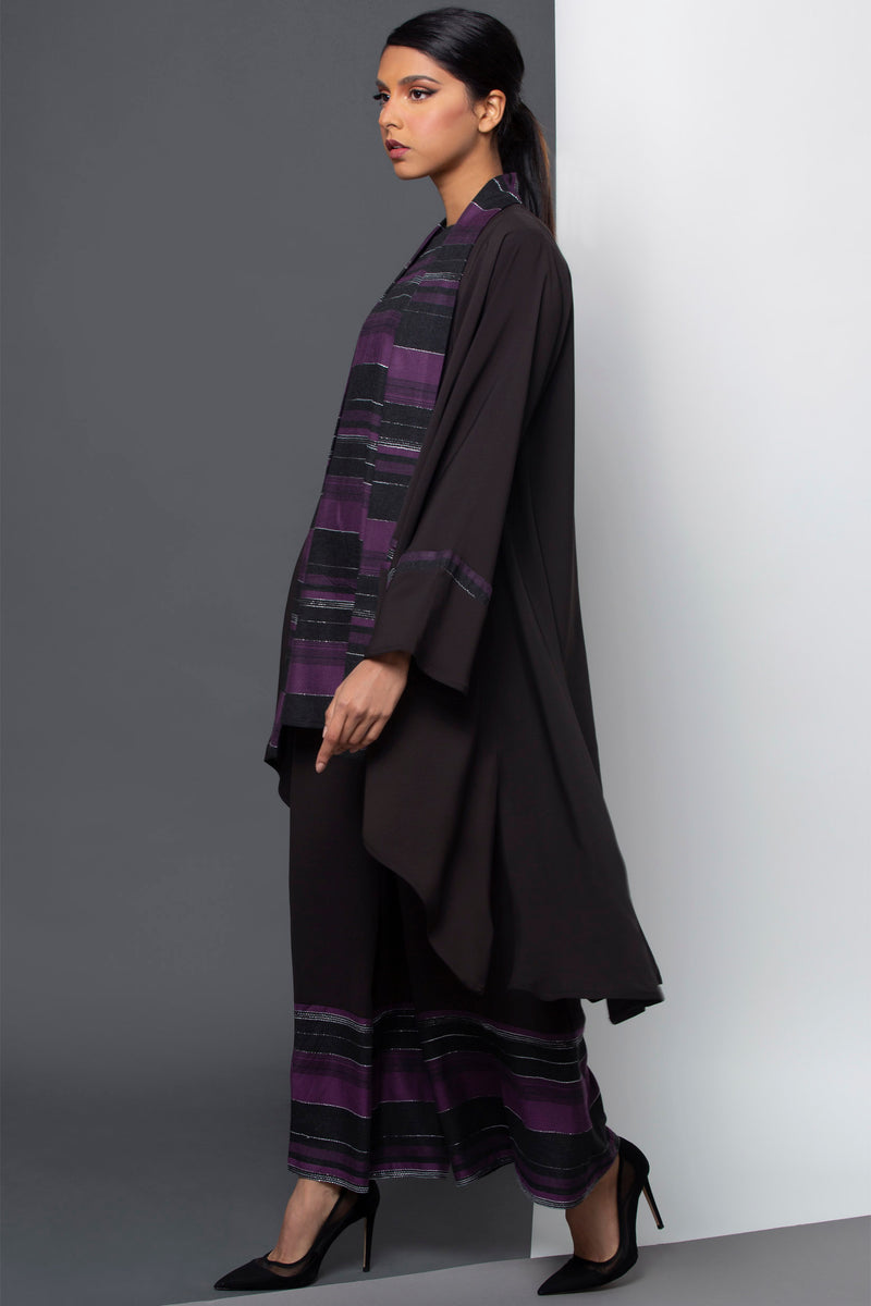 LAVENDAR STRIPED LINEN TROUSER OPEN ABAYA.