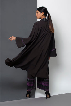 LAVENDAR STRIPED LINEN TROUSER OPEN ABAYA.