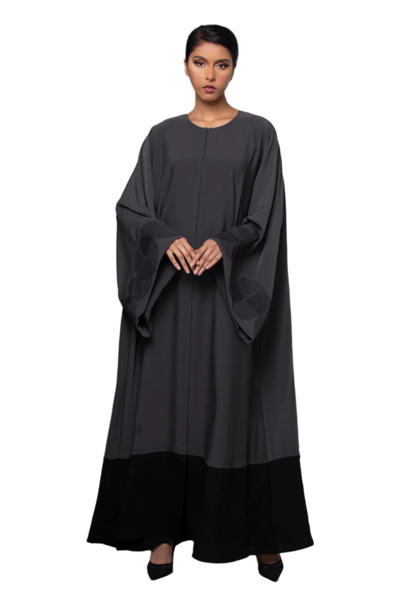 DARK GREY GEOMETRIC EMBROIDERED CREPE ABAYA