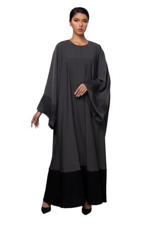 DARK GREY GEOMETRIC EMBROIDERED CREPE ABAYA