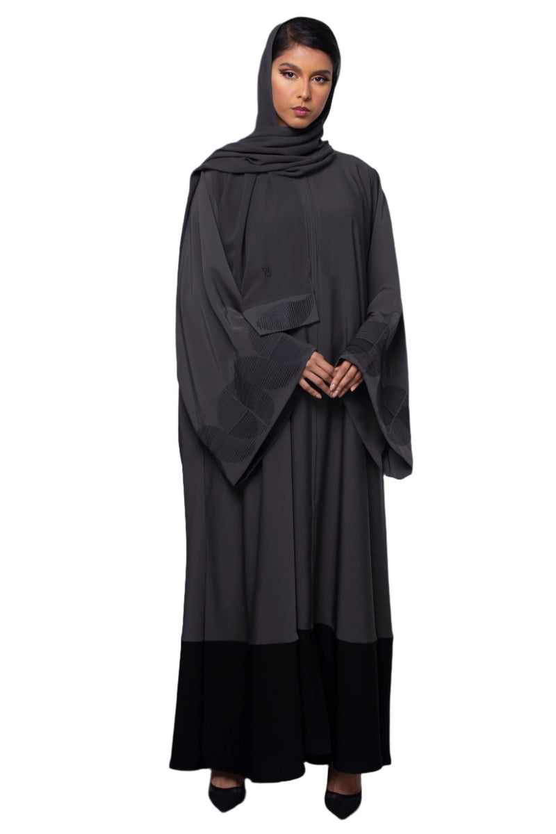 DARK GREY GEOMETRIC EMBROIDERED CREPE ABAYA