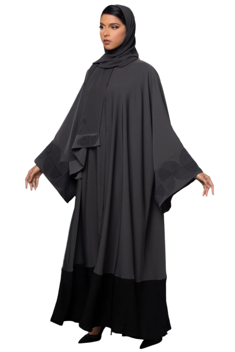 DARK GREY GEOMETRIC EMBROIDERED CREPE ABAYA