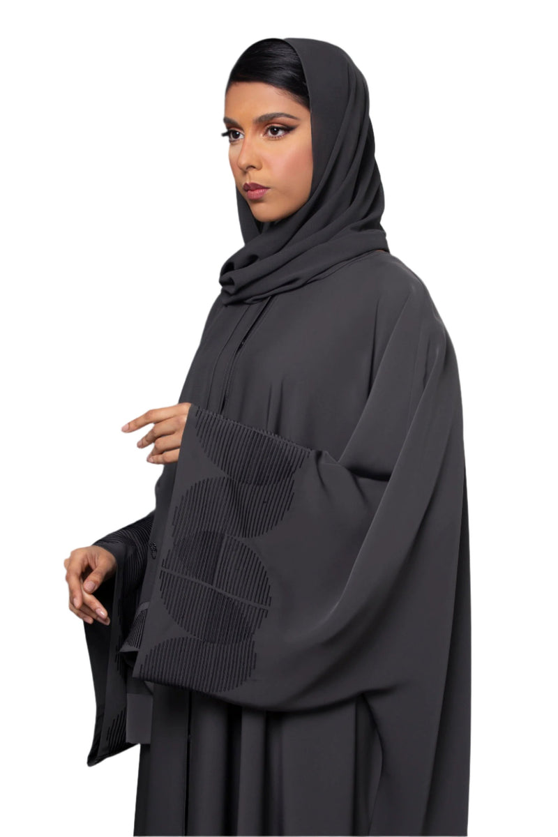 DARK GREY GEOMETRIC EMBROIDERED CREPE ABAYA