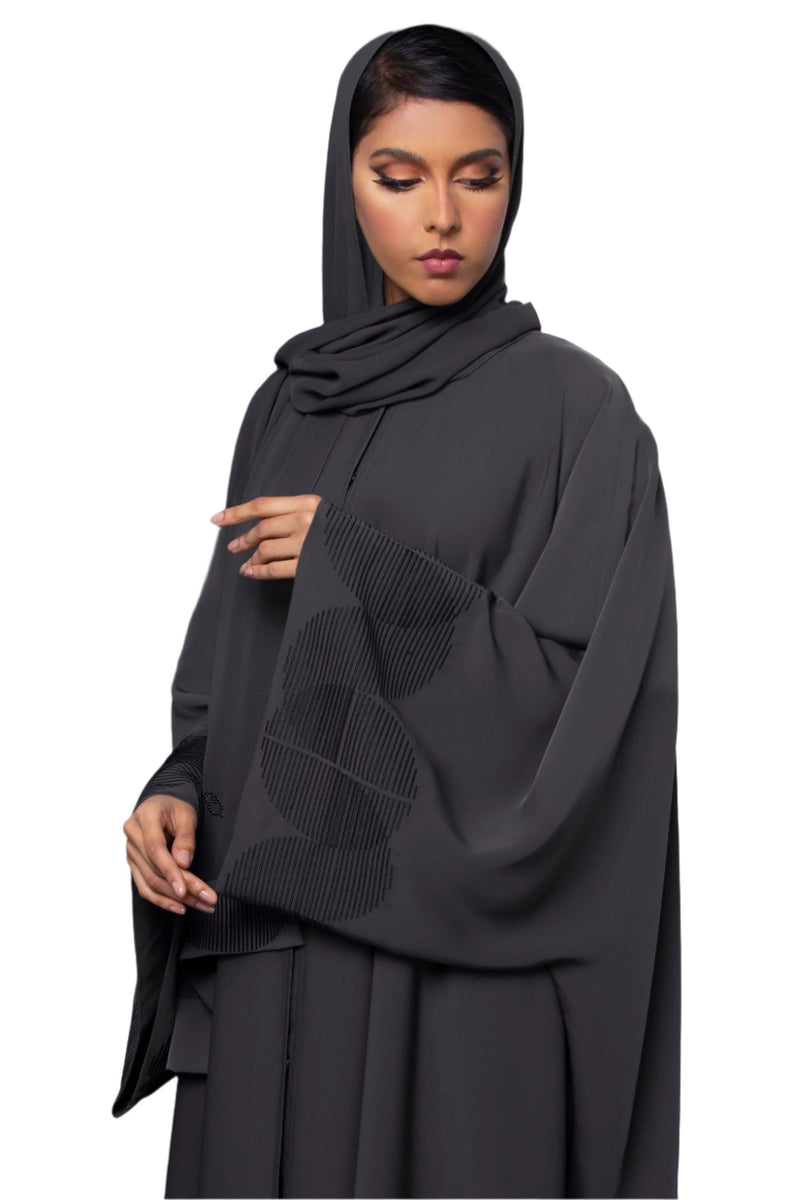 DARK GREY GEOMETRIC EMBROIDERED CREPE ABAYA