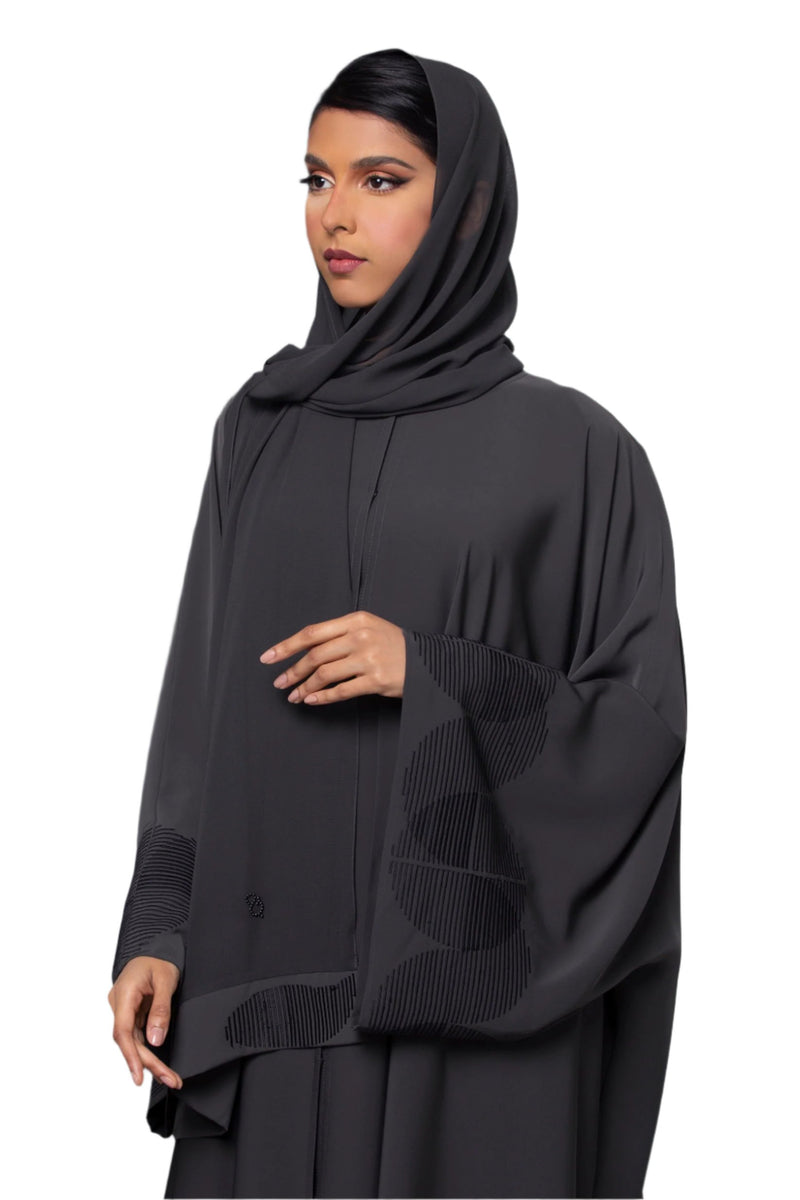 DARK GREY GEOMETRIC EMBROIDERED CREPE ABAYA