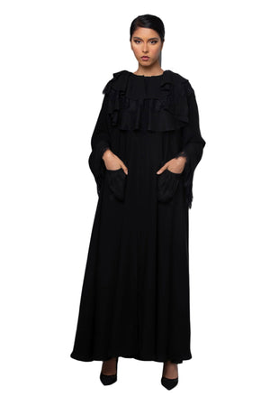 BLACK RUFFLE FRENCH LACE SALOAN ABAYA.