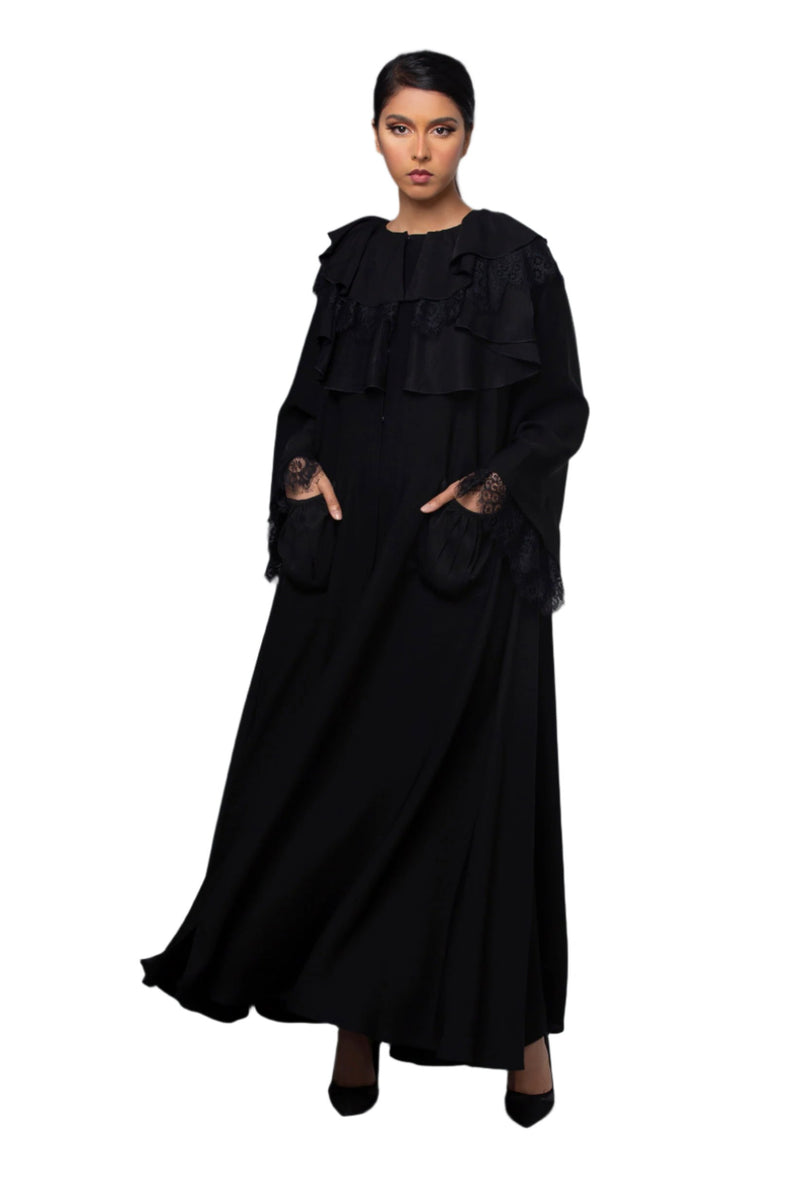 BLACK RUFFLE FRENCH LACE SALOAN ABAYA.