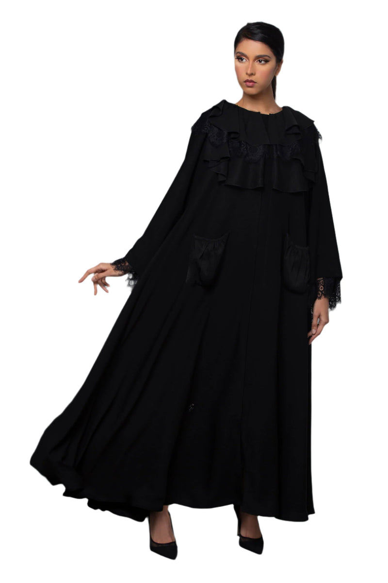 BLACK RUFFLE FRENCH LACE SALOAN ABAYA.