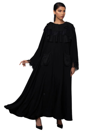 BLACK RUFFLE FRENCH LACE SALOAN ABAYA.