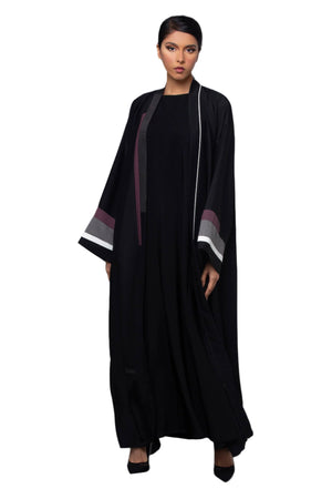 BLACK LINEN PATTERN SLEEVE OPEN ABAYA.