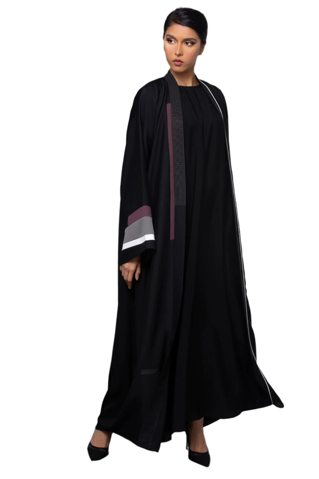 BLACK LINEN PATTERN SLEEVE OPEN ABAYA.