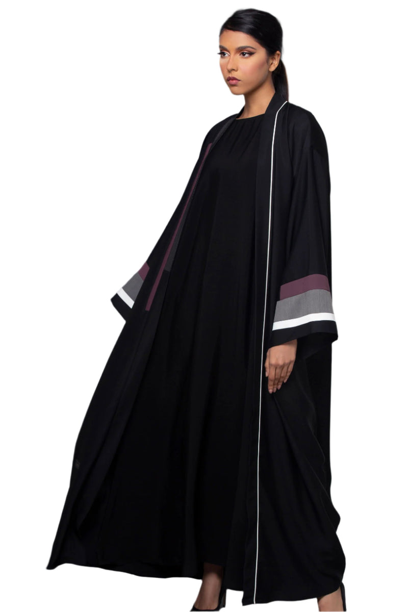 BLACK LINEN PATTERN SLEEVE OPEN ABAYA.