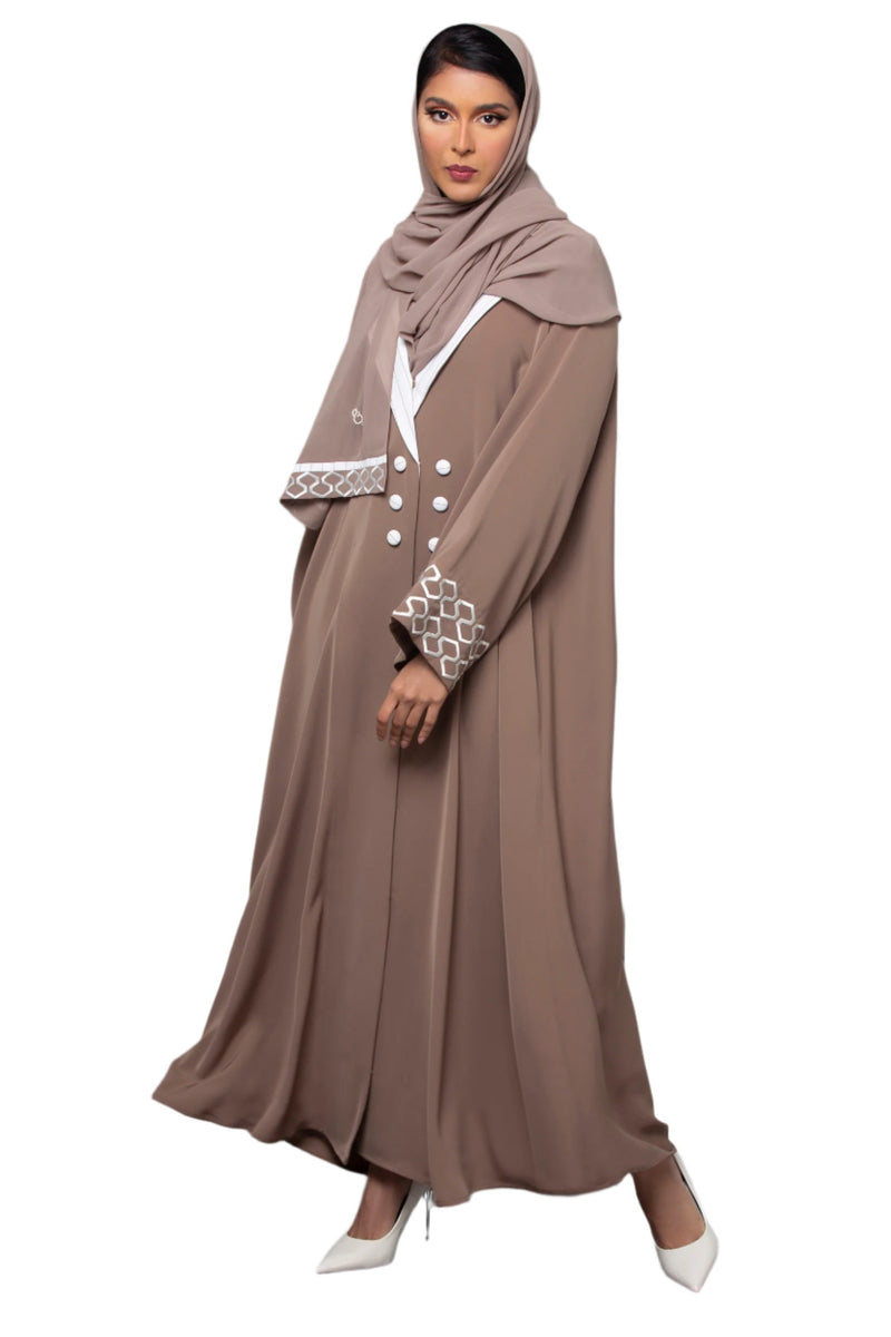 BEIGE COLLARED BUTTONED CREPE ABAYA.