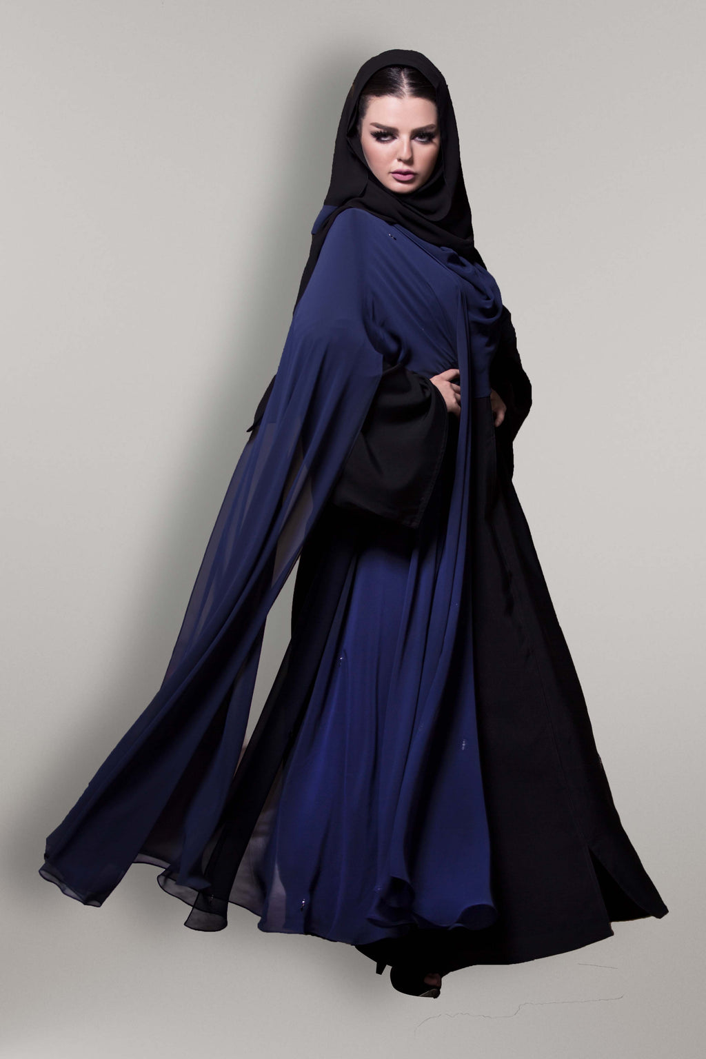 NAVY BLUE STOLE CRYSTALIZED CREPE DOUBLE ABAYA