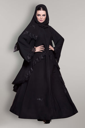 BLACK SYMETRICAL FRENCH LACE ABAYA