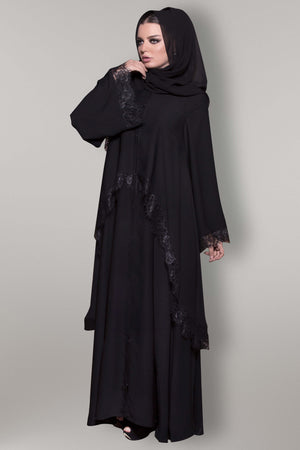 BLACK SYMETRICAL FRENCH LACE ABAYA