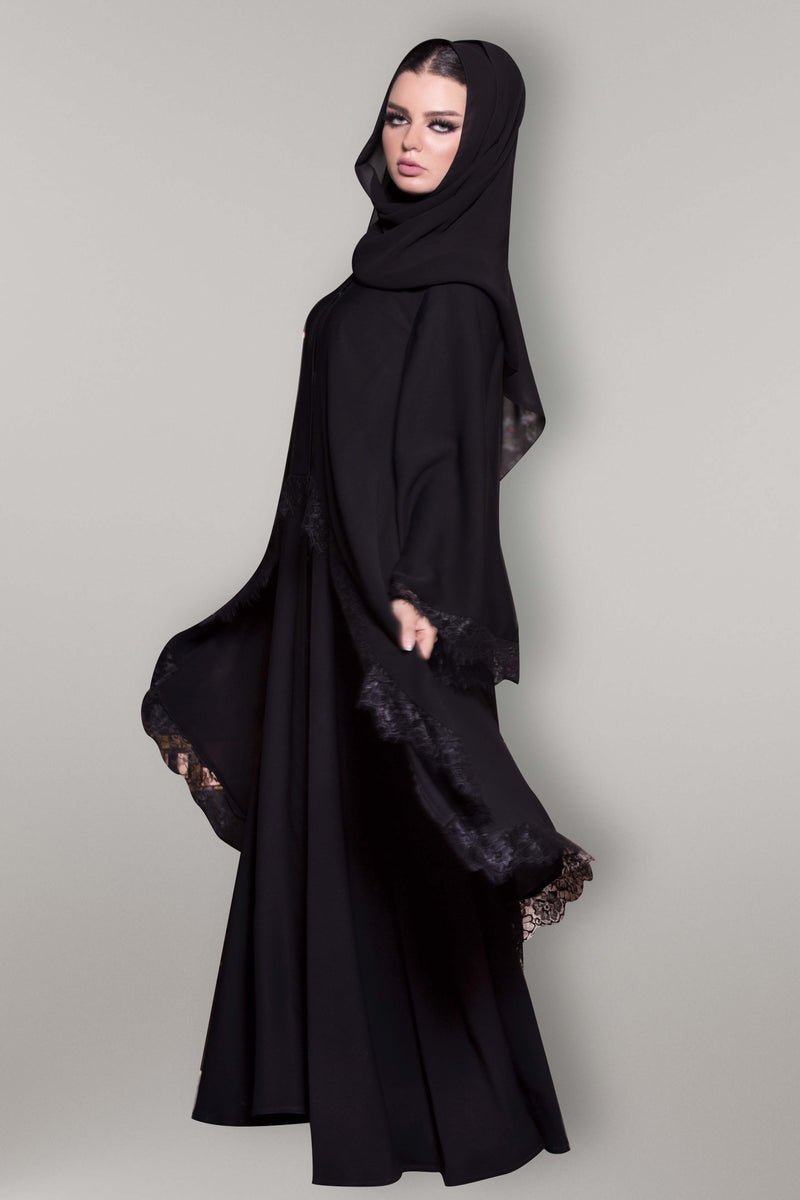 BLACK SYMETRICAL FRENCH LACE ABAYA