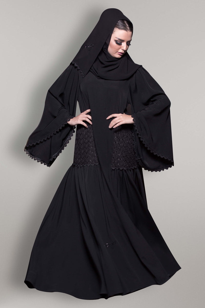 BLACK LACED PIPING POCKET SOALON ABAYA