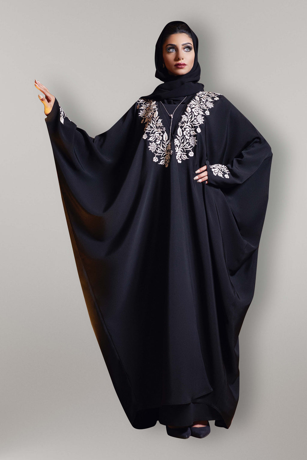 BLACK FLORAL EMBROIDERED BUTTERFLY SLEEVES ABAYA.