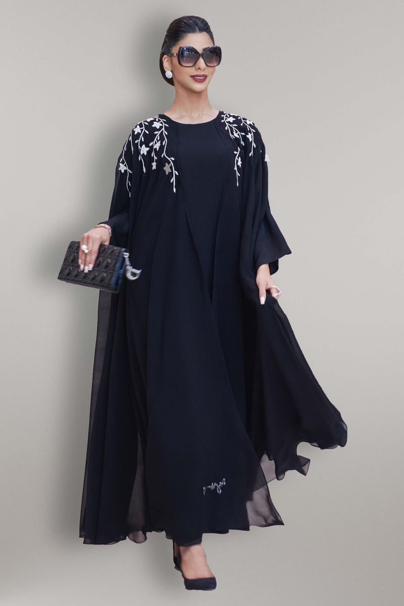 BLACK FLORAL HAND EMBROIDERED OPEN ABAYA.