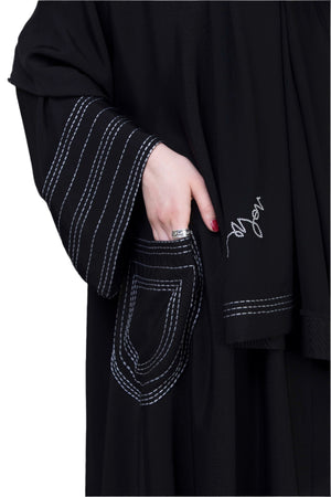 BLACK HAND EMBROIDERED POCKET SOALON ABAYA.