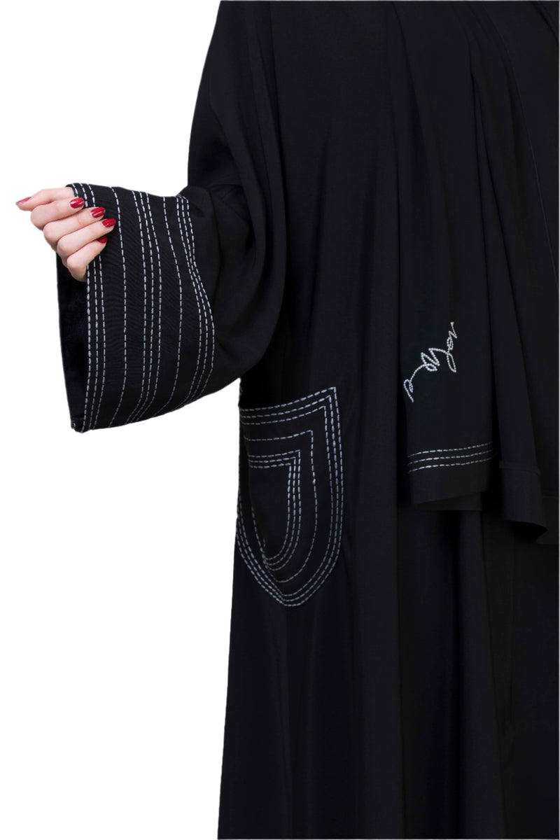 BLACK HAND EMBROIDERED POCKET SOALON ABAYA.