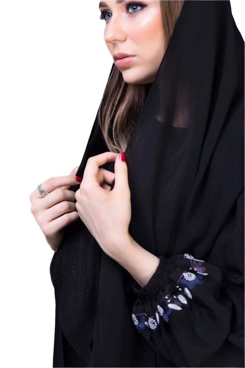 BLACK FLORAL HAND EMBROIDERED TEXTURED SOALON ABAYA.