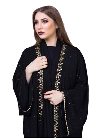 BLACK EMBROIDERED GOLDEN TRIM SILK ABAYA.