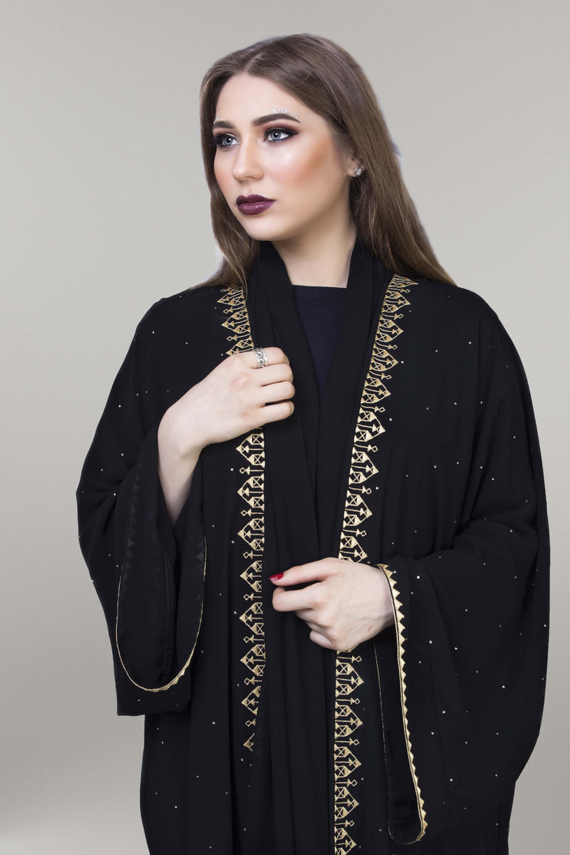 BLACK EMBROIDERED GOLDEN TRIM SILK FAIRLADY ABAYA.