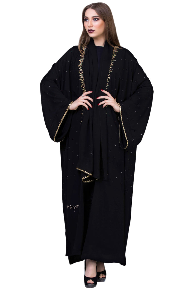 BLACK EMBROIDERED GOLDEN TRIM SILK ABAYA.