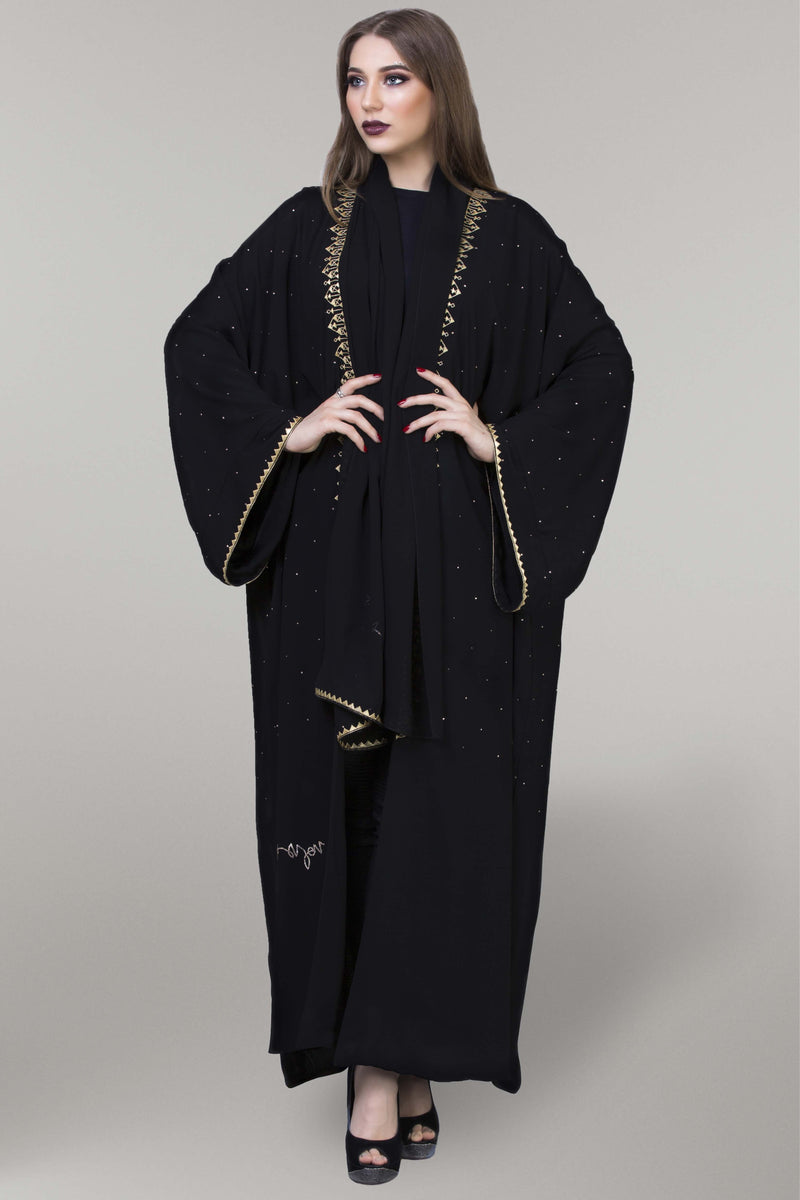 BLACK EMBROIDERED GOLDEN TRIM SILK FAIRLADY ABAYA.