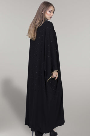 BLACK EMBROIDERED GOLDEN TRIM SILK FAIRLADY ABAYA.