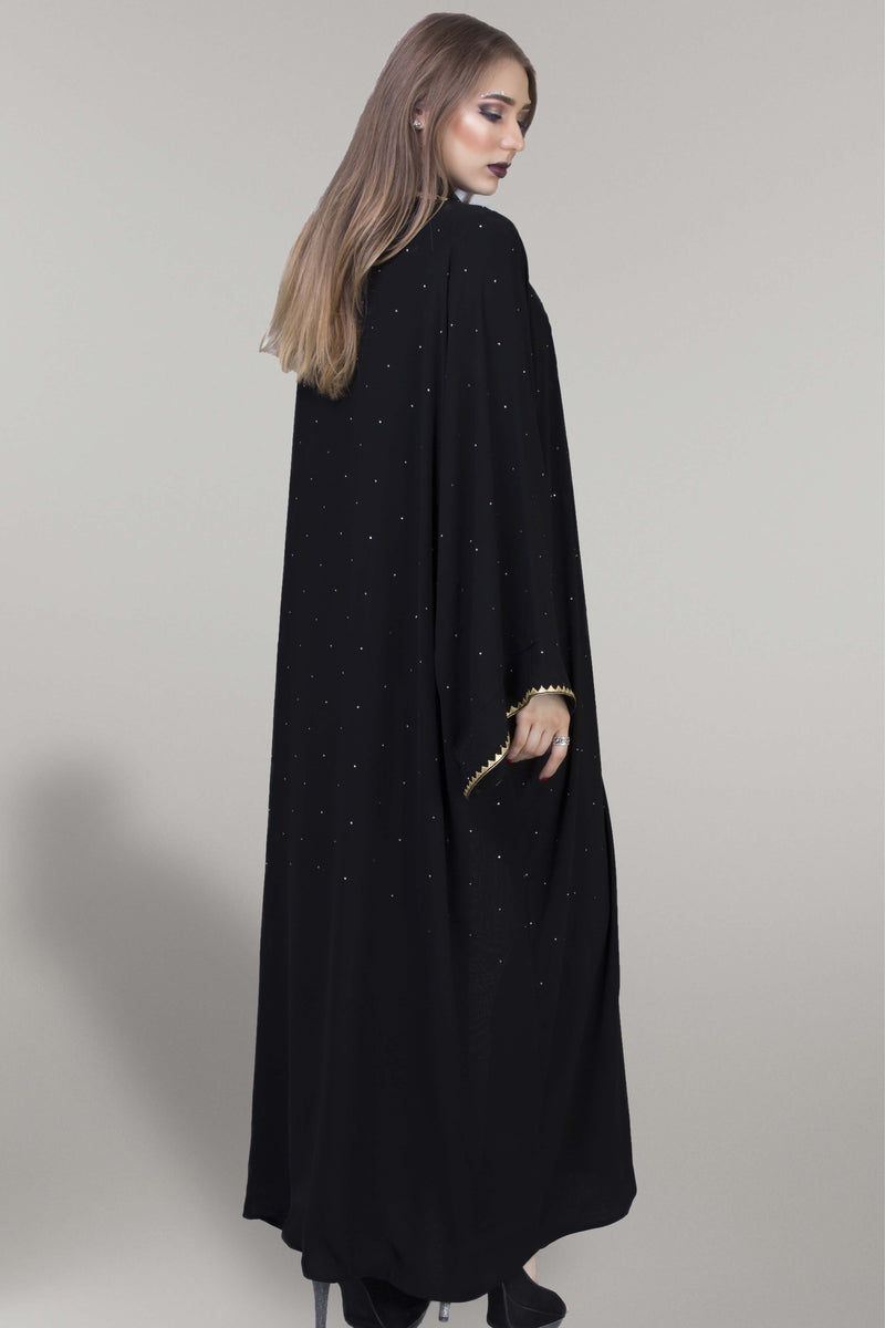 BLACK EMBROIDERED GOLDEN TRIM SILK FAIRLADY ABAYA.