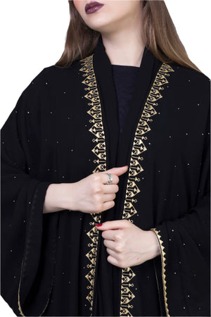 BLACK EMBROIDERED GOLDEN TRIM SILK ABAYA.