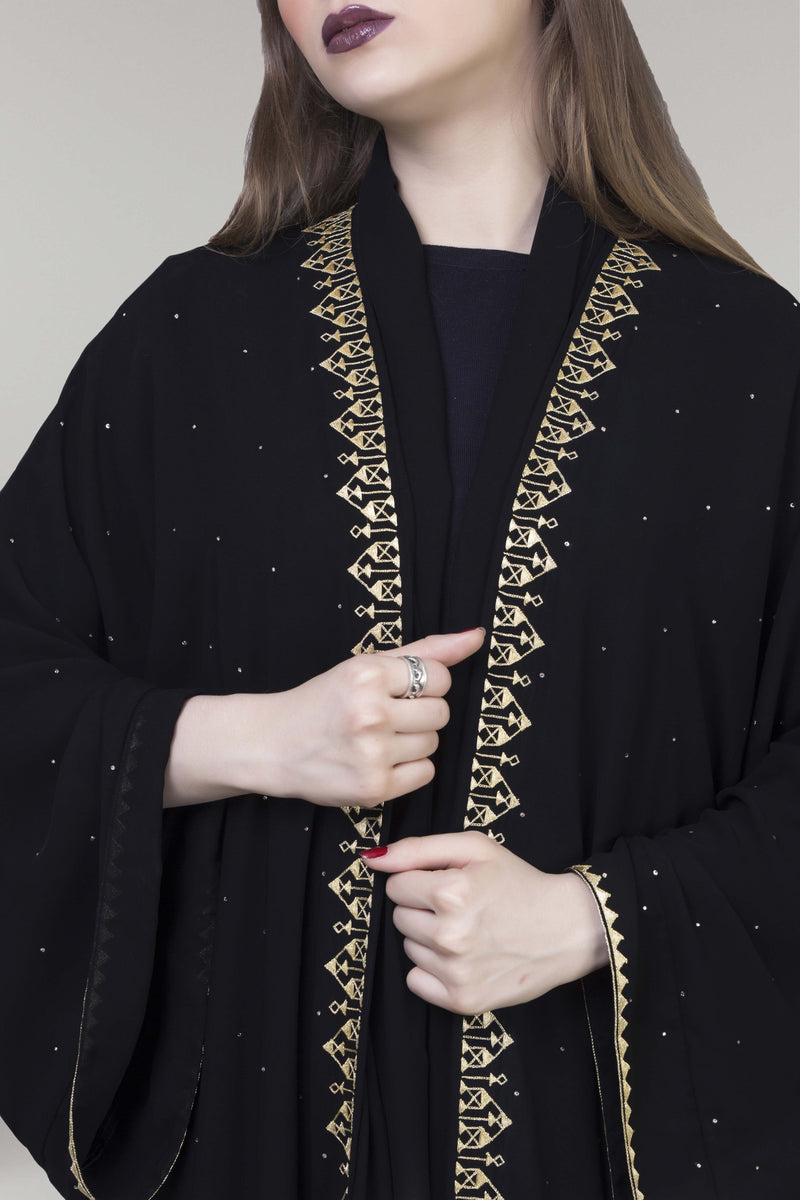 BLACK EMBROIDERED GOLDEN TRIM SILK FAIRLADY ABAYA.