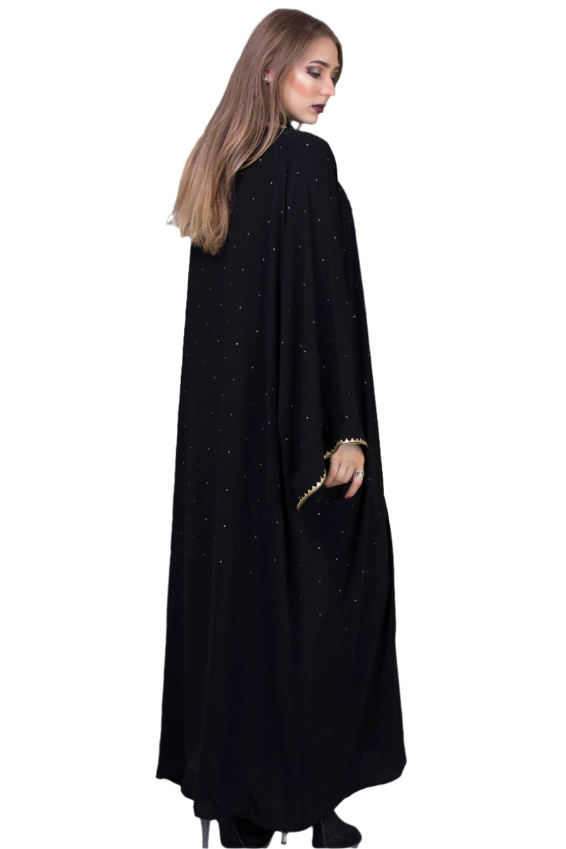 BLACK EMBROIDERED GOLDEN TRIM SILK ABAYA.