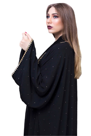 BLACK EMBROIDERED GOLDEN TRIM SILK ABAYA.