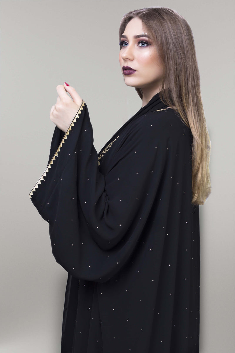 BLACK EMBROIDERED GOLDEN TRIM SILK FAIRLADY ABAYA.