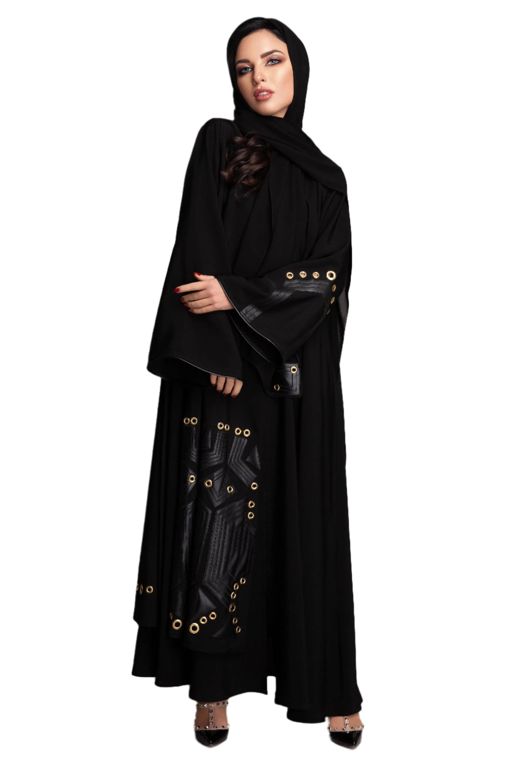 BLACK FRENCH LEATHER-SOALON DOUBLE CLOCHE ABAYA.