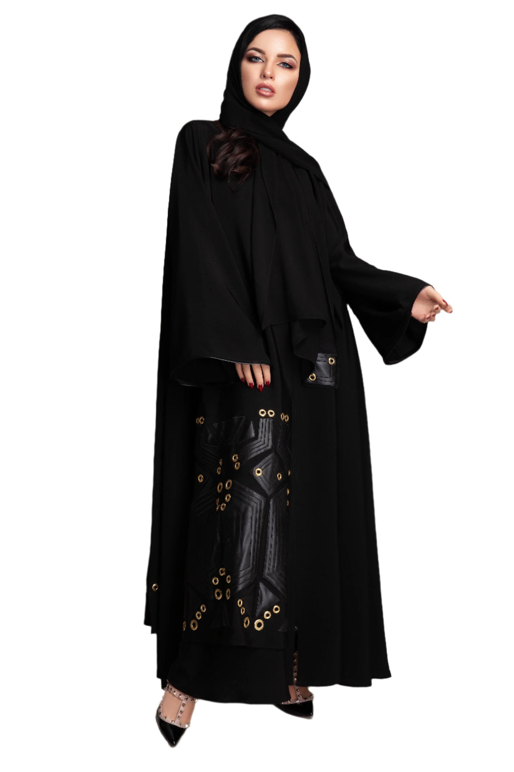 BLACK FRENCH LEATHER-SOALON DOUBLE CLOCHE ABAYA.