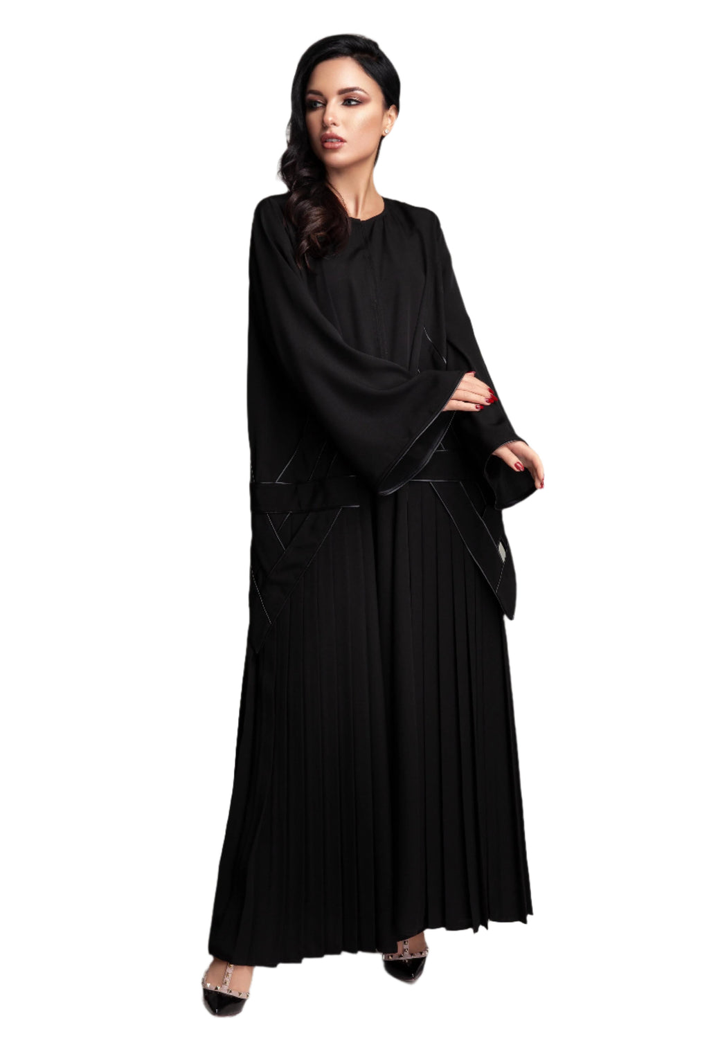 BLACK PLEATED SOALON DOUBLE CLOCHE ABAYA.