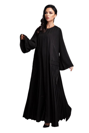 BLACK PLEATED SOALON DOUBLE CLOCHE ABAYA.