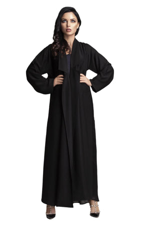 BLACK DESIGNED SOALON SATIN OPEN CLOCHE ABAYA.